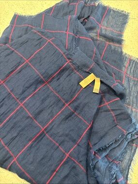 Navy Windowpane Scarf with Red Grid